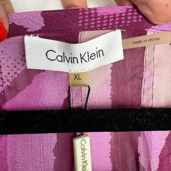 Calvin Klein Pink Purple Abstract Print Blouse Size XL Flutter Sleeves Tie‎ Side - Picture 2 of 7
